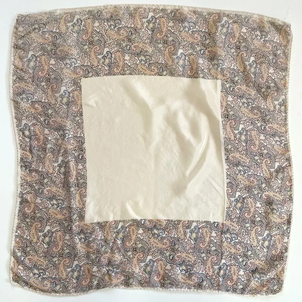 Vintage 70s Paisley Silk Scarf Square Ivory Border Print Old Money Quiet Luxury